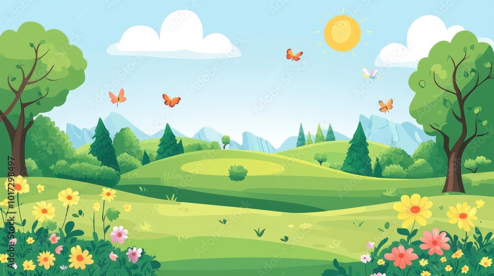 Fototapeta premium A Sunny Day in a Lush Green Meadow with Butterflies and Flowers