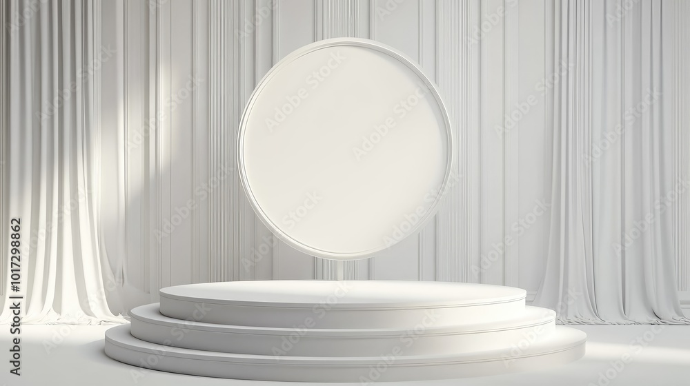 A white circular platform with a white background and a large empty oval frame above it A white circular platform with a white background and a large empty oval frame above it