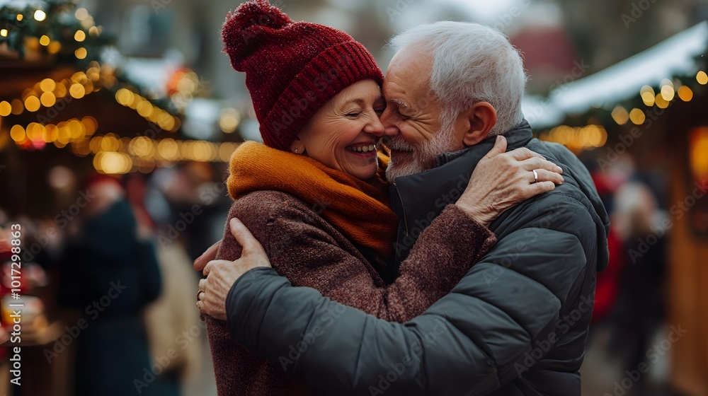Elderly Couple Embracing at a Winter Market with Festive Lights Elderly Couple Embracing at a Winter Market with Festive Lights
