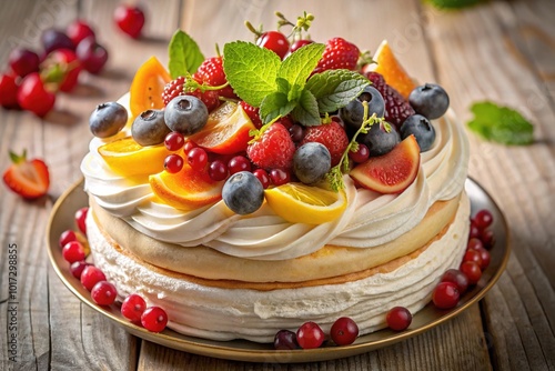 Indulge in a Delicious Un Vacherin Dessert with Layers of Meringue, Cream, and Fresh Fruits for a Perfect Treat photo