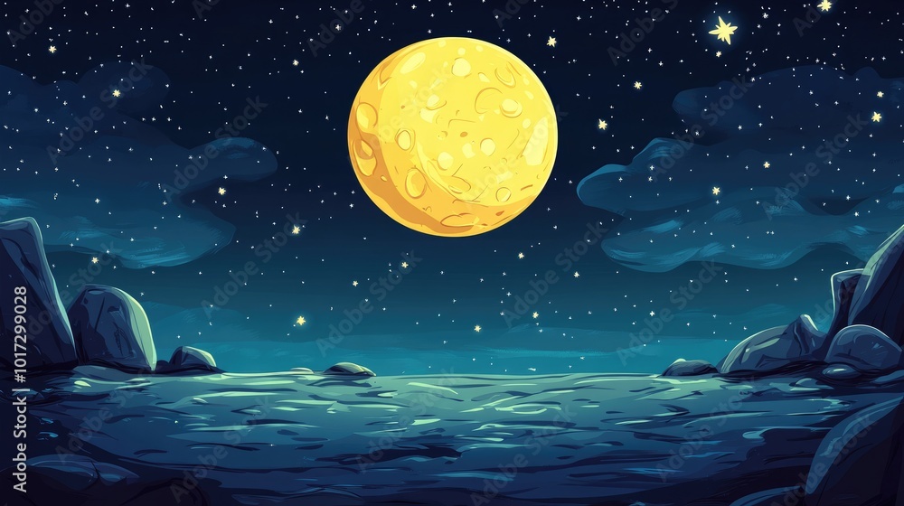 Fototapeta premium A large moon and many stars shine brightly over a dark, rocky landscape.