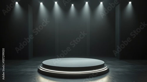 Illuminated Circular Platform in a Dark Room with Spotlights