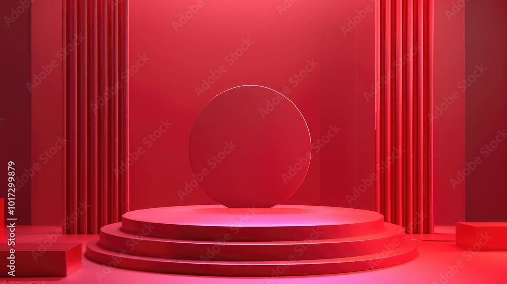 Red Circular Platform With Background Curtains and Rounded Shapes Red Circular Platform With Background Curtains and Rounded Shapes