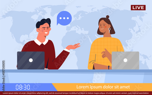 Breaking news live. Man and woman with laptop against background of world map. Information and knowledge. Entertainment and fun. Reporters and journalists. Flat vector illustration