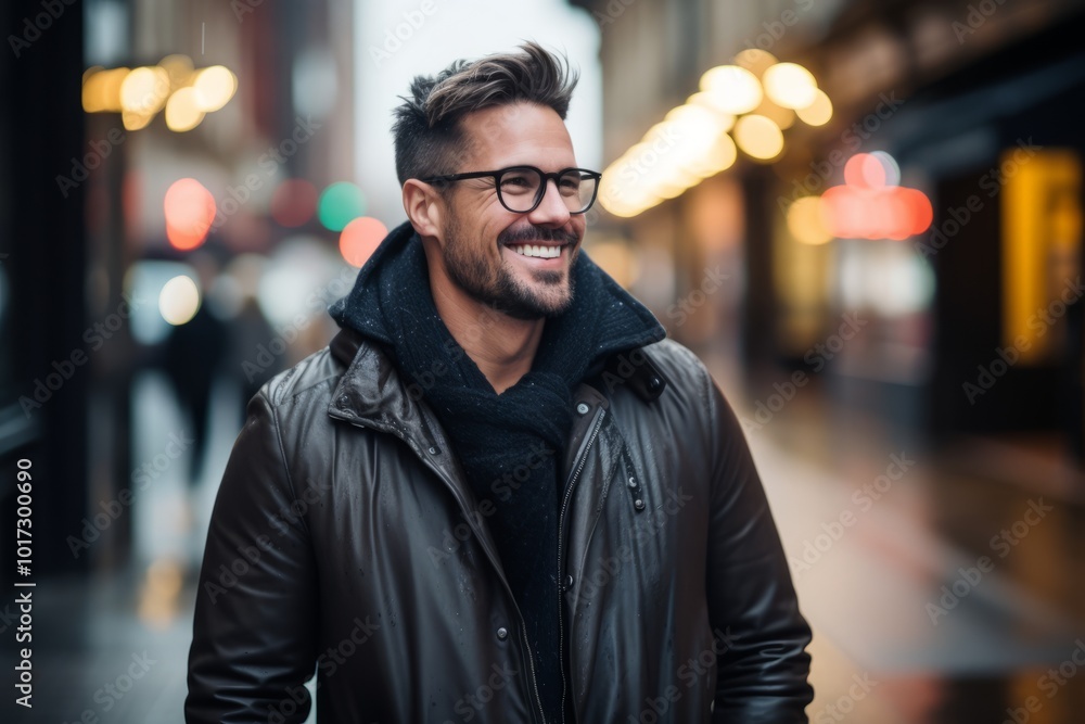 Portrait of a handsome young man wearing glasses and a leather jacket walking in the city at night. Portrait of a handsome young man wearing glasses and a leather jacket walking in the city at night.