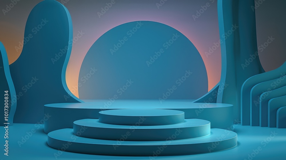 Abstract 3D Render of a Blue Platform with Geometric Shapes Abstract 3D Render of a Blue Platform with Geometric Shapes