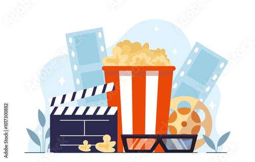 Pack for cinematography. 3D glasses, box of pop corn, clapperboard and reel tape. Cinema and movie, tv series. Entertainment and fun. Flat vector illustration isolated on white background