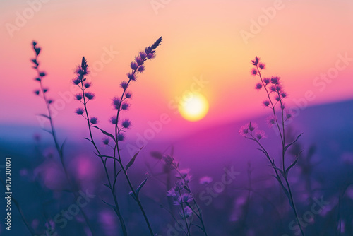 flowers and blurred grasses against blurred purple sky sunset, soft focus, photorealistic