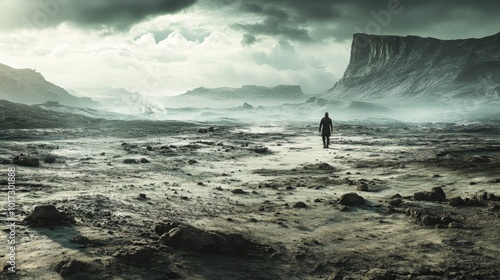 Fototapeta Naklejka Na Ścianę i Meble -  A lone figure walks across a desolate, rocky landscape under a cloudy sky.