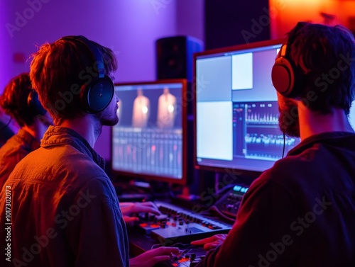 Sound designers working on an interactive installation, using sound to enhance the sensory experience and guide user interaction.