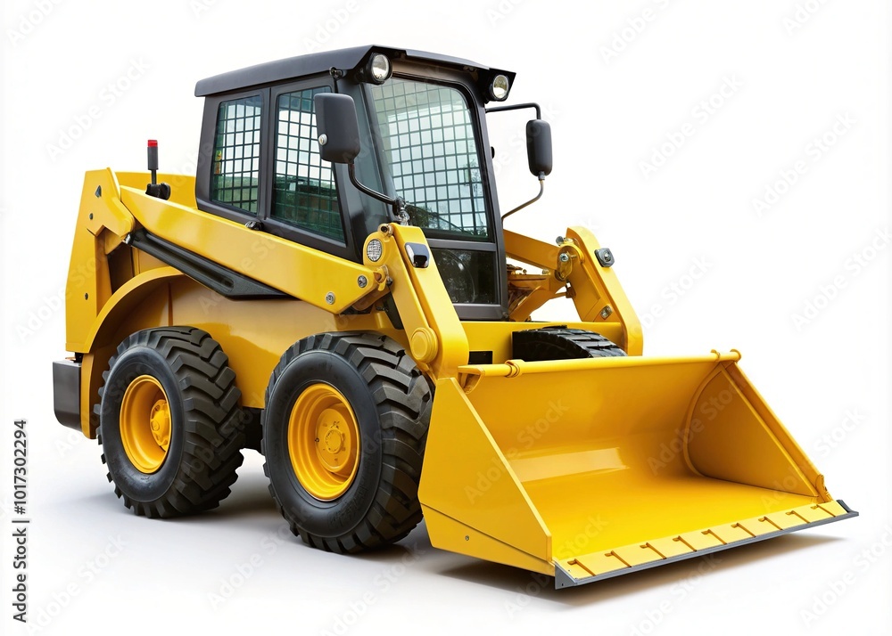 Simplified illustration of a yellow skid-steer loader with raised bucket and compact body, isolated on white background, symbolizing construction and heavy machinery industry. Simplified illustration of a yellow skid-steer loader with raised bucket and compact body, isolated on white background, symbolizing construction and heavy machinery industry.