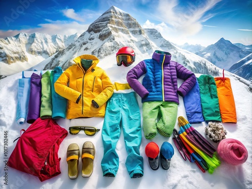 Snowy mountain landscape featuring a spread of colorful winter gear including ski jackets, pants, gloves, goggles, and hats against a pristine white backdrop. photo