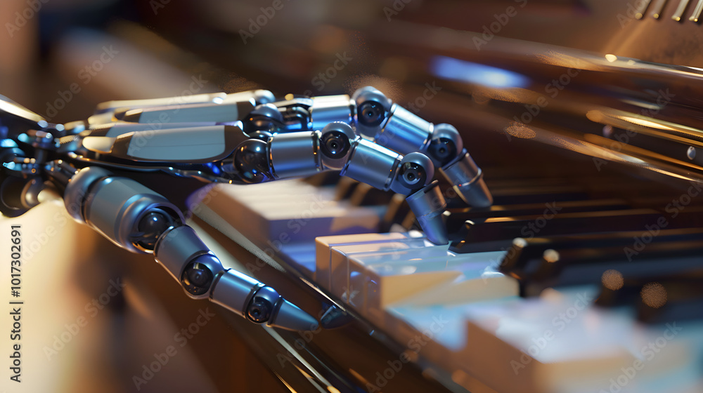 a robotic hand over the keys of a piano a robotic hand over the keys of a piano