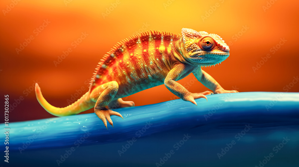 Naklejka premium A colorful chameleon is on a yellow surfboard.