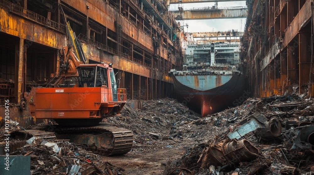 Fototapeta premium The recycling process of ships, where valuable components like engines and metal frames are recovered and reused in new ships.
