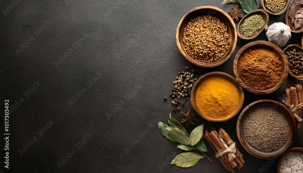 Spices Turmeric, pepper powder and dried parsley shot from above, Generative AI Spices Turmeric, pepper powder and dried parsley shot from above, Generative AI