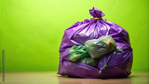 Tightly packed nonrecyclable purple trash bags on a striking lime green background, shown as an unfolded garbage roll moving beyond the frame. photo