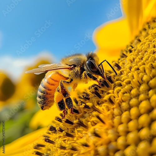 Detailed close up shot of a busy bee collecting pollen from the bright yellow petals of a sunflower in full bloom showcasing the tiny pollen grains on the insect s body photo