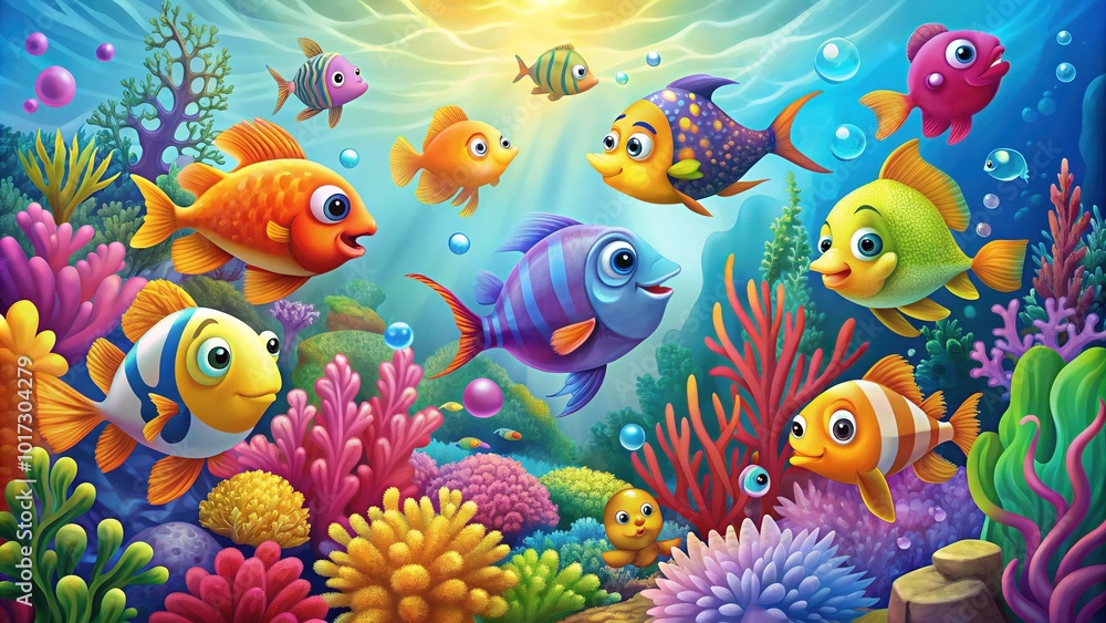 Vibrant cartoon fish swim amidst colorful seaweed and coral, surrounded by air bubbles and ocean creatures in a playful, whimsical underwater scene. Vibrant cartoon fish swim amidst colorful seaweed and coral, surrounded by air bubbles and ocean creatures in a playful, whimsical underwater scene.