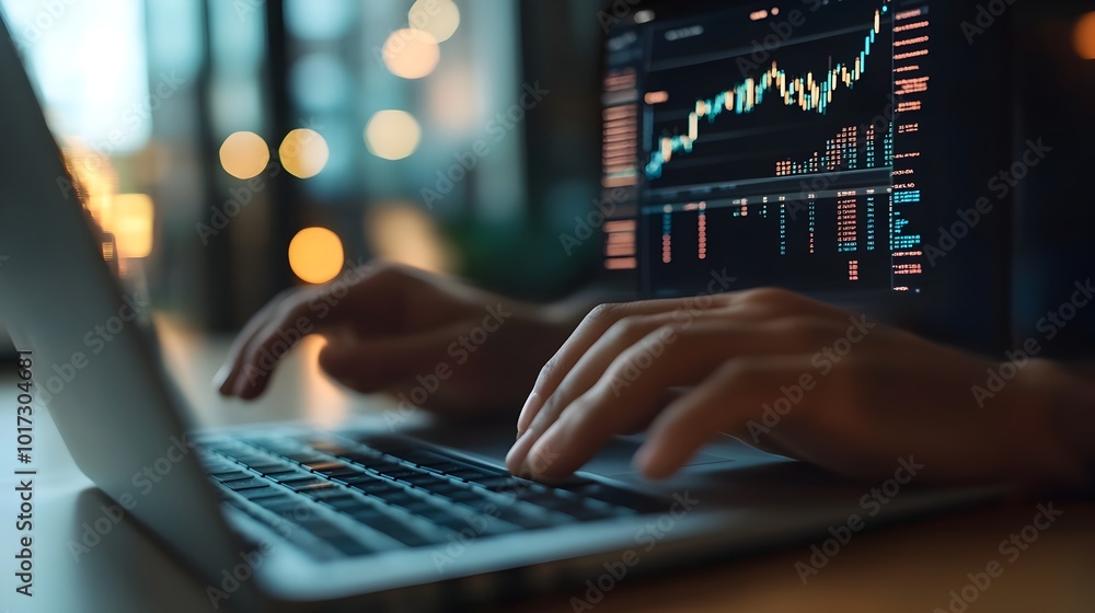 Close up view of hands typing on a laptop computer with financial graphs and charts displayed on the screen representing digital business analytics financial reporting and data driven decision making Close up view of hands typing on a laptop computer with financial graphs and charts displayed on the screen representing digital business analytics financial reporting and data driven decision making