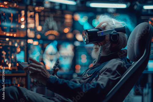 Elderly man wearing a VR headset interacts with virtual world. Modern rehabilitation technology, immersive gaming, health, wellness.