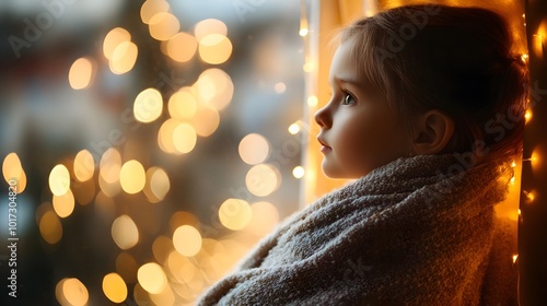 Young Girl Gazing Out Window at Christmas Lights