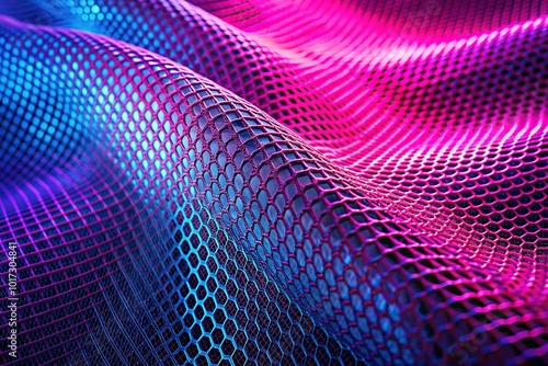 Vibrant neon pink and blue hues dance across a futuristic mesh structure, gradating into a mesmerizing ombre effect against a dark, sleek background. photo