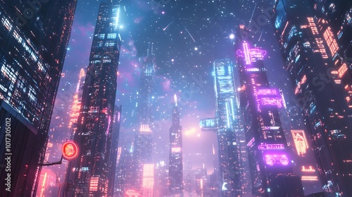 Retro Futuristic Cityscape with Towering Skyscrapers Glowing Neon Lights and Sparkling Stars in a Dreamy Whimsical Night Sky Blending 80s Sci Fi Vibes with a Sense of Futuristic Wonder