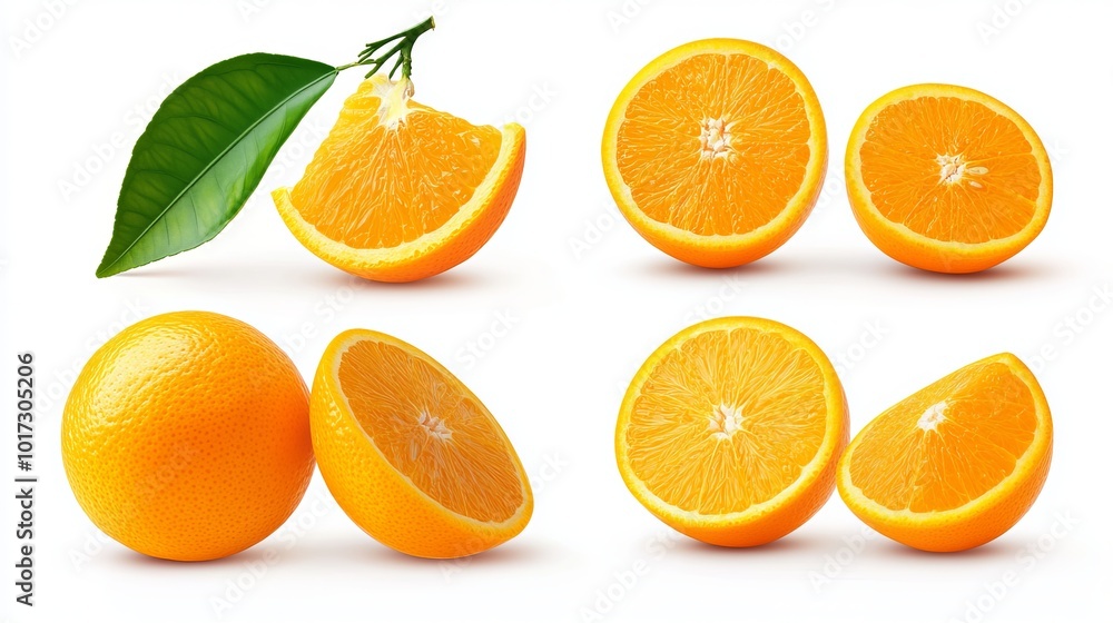 Orange assortment. Isolated orange fruit with a green leaf against a white backdrop. Orange with a route for clipping. Orange assortment. Isolated orange fruit with a green leaf against a white backdrop. Orange with a route for clipping.