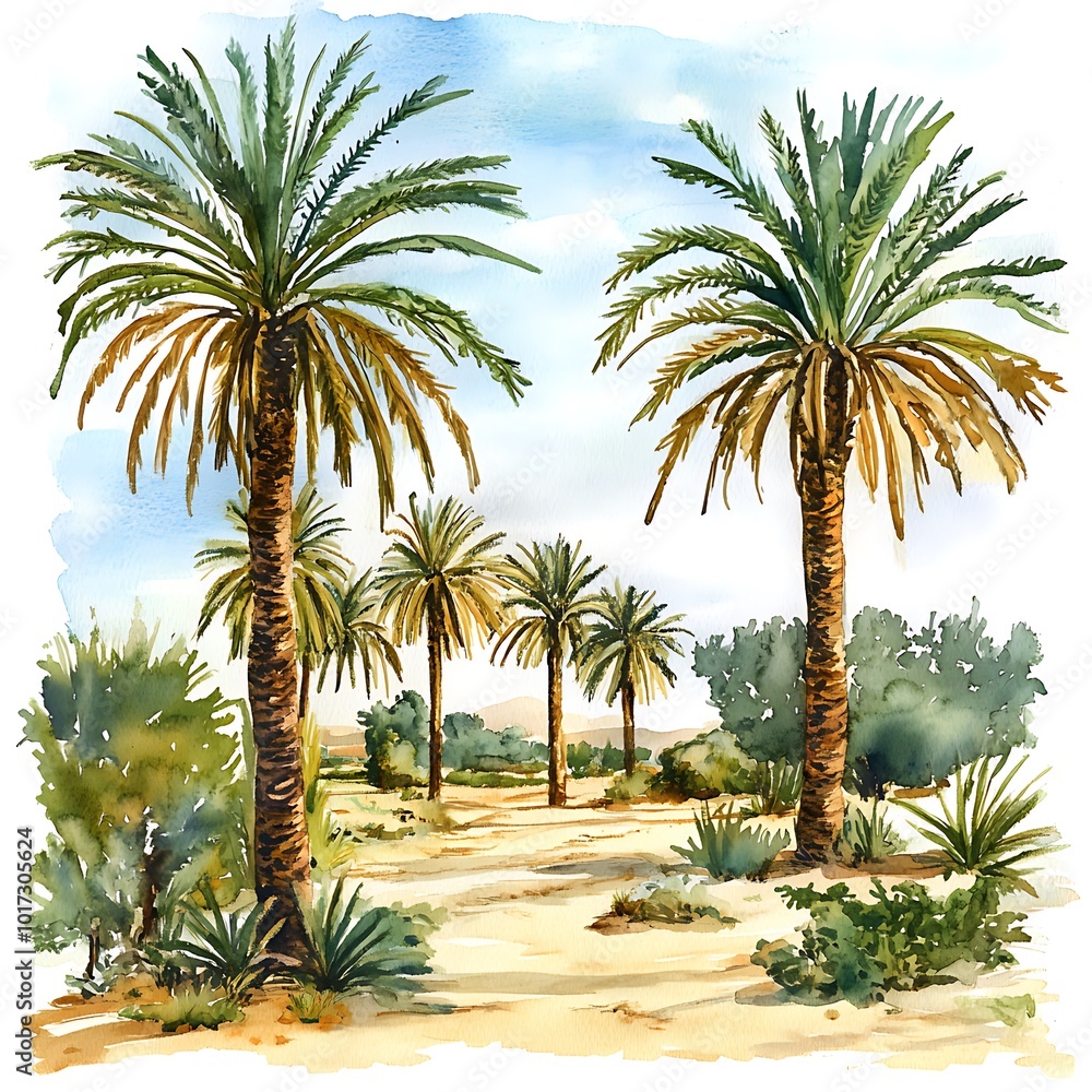 Palm Trees in a Desert Landscape, Watercolor Painting. Palm Trees in a Desert Landscape, Watercolor Painting.