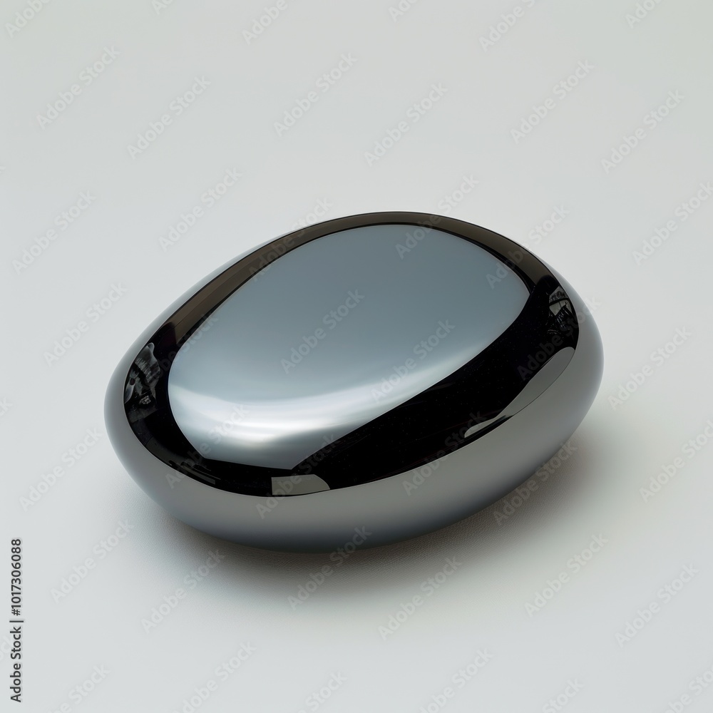 Smooth polished hematite stone, reflective metallic mineral on white background, elegant shiny pebble display, mineralogy concept Smooth polished hematite stone, reflective metallic mineral on white background, elegant shiny pebble display, mineralogy concept