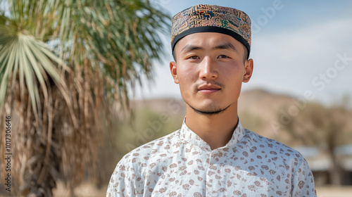 Chinese man wearing traditional uyghur ethnic cloth at desert with palm tree photo