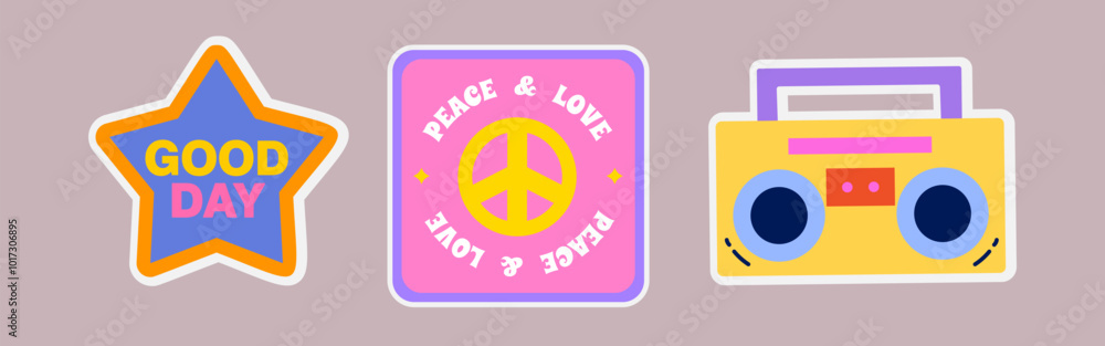 Obraz premium Good Day, Peace and Love, and Boombox Retro Stickers for Fun Designs