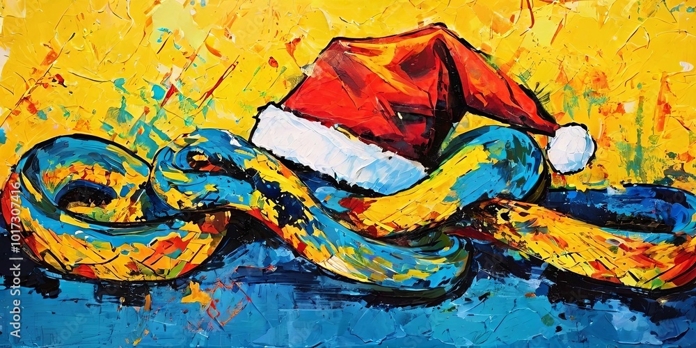 A painting of a snake with a red Santa hat on top of it A painting of a snake with a red Santa hat on top of it
