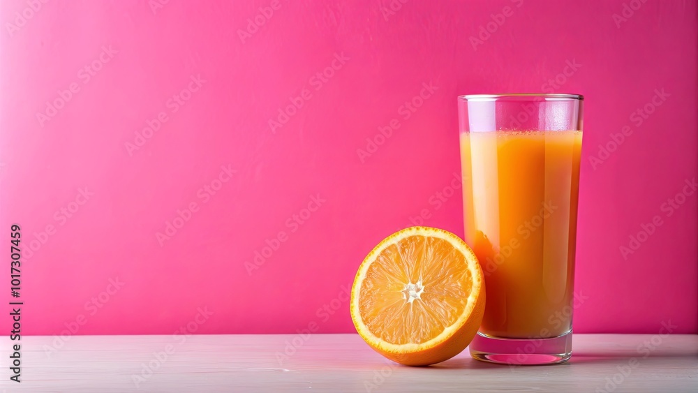 A glass of bright orange juice and a half slice of orange on a white surface in front of a vibrant pink background. A glass of bright orange juice and a half slice of orange on a white surface in front of a vibrant pink background.
