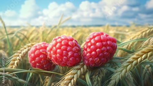 3 fresh raspberries in wheat photo