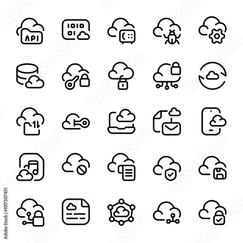 Secure Cloud Storage Line Icon Sheet