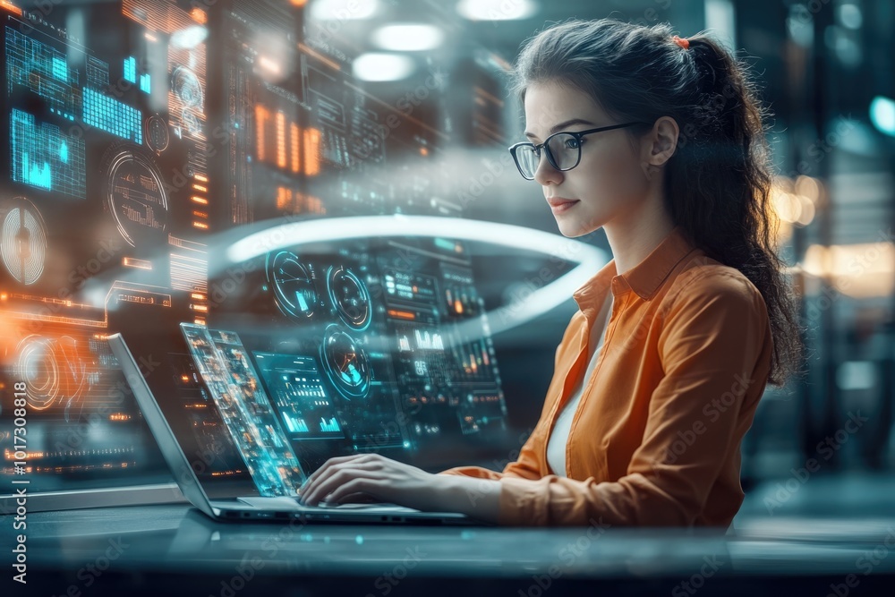 Very realistic and photographic photo of a young professional marketer with a laptop, surrounded by futuristic holographic displays showcasing detailed marketing dashboards. The bright and cheerful Very realistic and photographic photo of a young professional marketer with a laptop, surrounded by futuristic holographic displays showcasing detailed marketing dashboards. The bright and cheerful