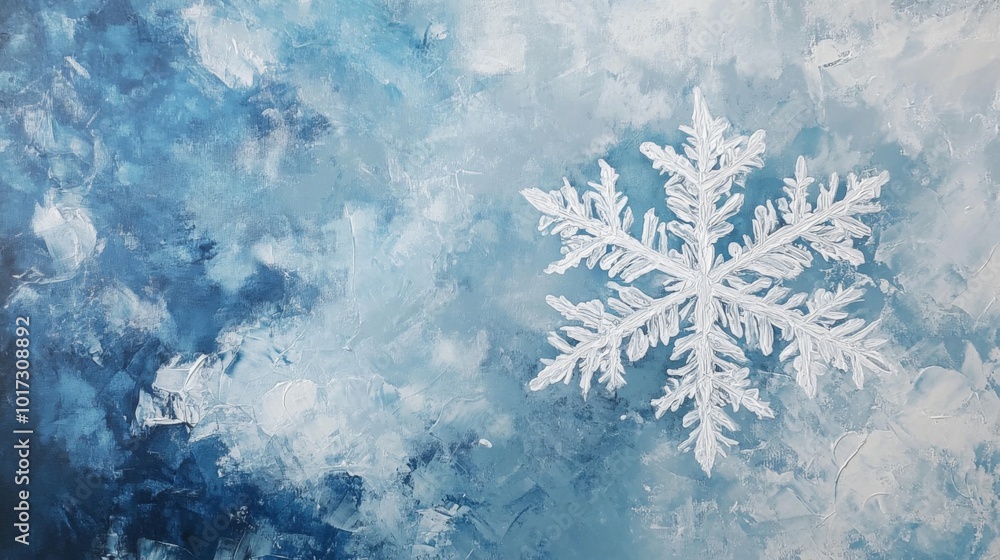 A single white snowflake sits on a blue and white textured background. A single white snowflake sits on a blue and white textured background.