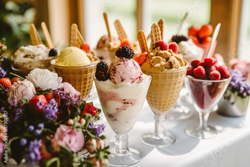 Ice cream desserts buffet table, event food catering for wedding, party and holiday celebration, ice creams and flowers decor in a floral countryside garden, post-processed, generative ai