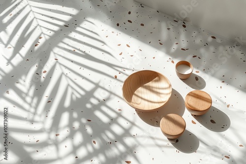 Empty terrazo podium for product display , exibition , showcase , leaf shadow