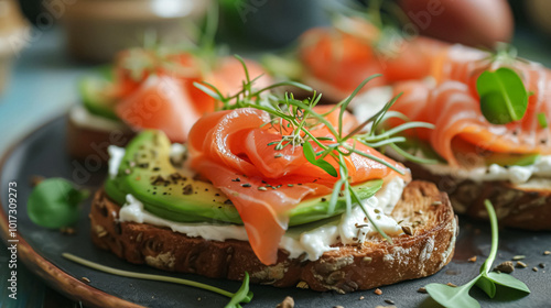 Avocado toast with smoked salmon for breakfast, homemade cuisine and traditional food, country life