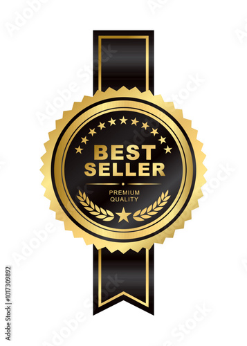 Best seller sticker label with ribbon, gold badge and Black ribbon with Stars and laurel wreath Decoration vector isolated Premium Quality text product, for book cover label or your product the Best