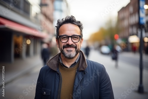 Portrait of a handsome man with beard and glasses in the city