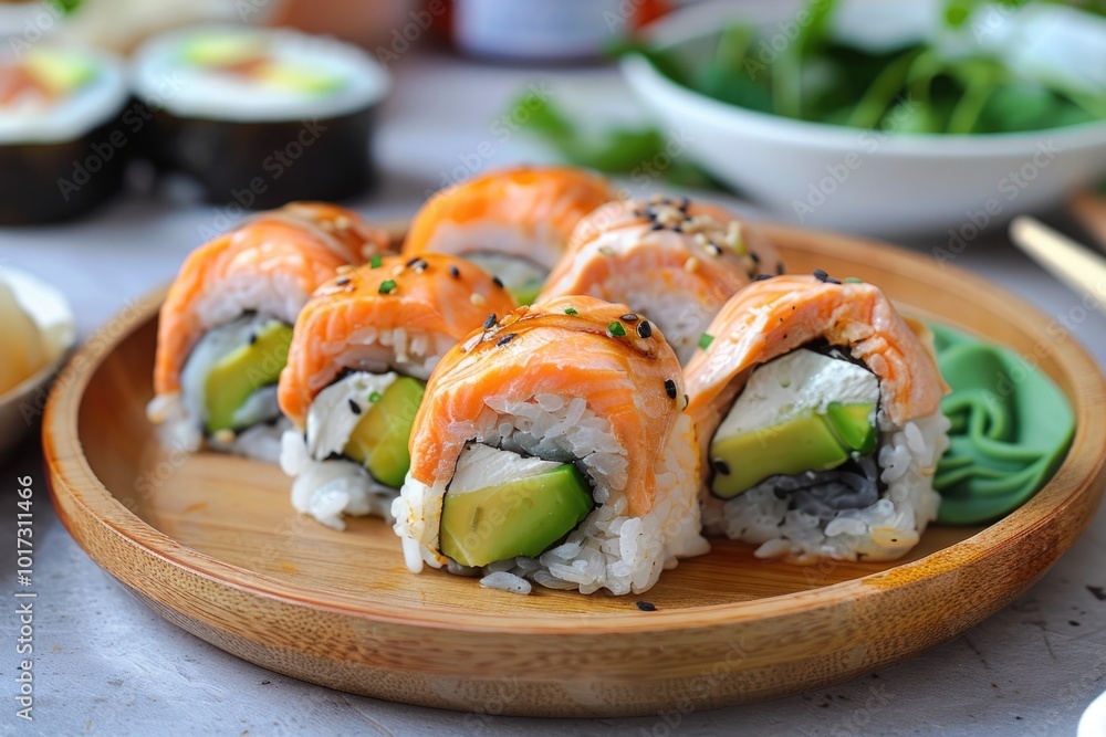 Salmon sushi roll with rice and avocado on a wooden plate Salmon sushi roll with rice and avocado on a wooden plate