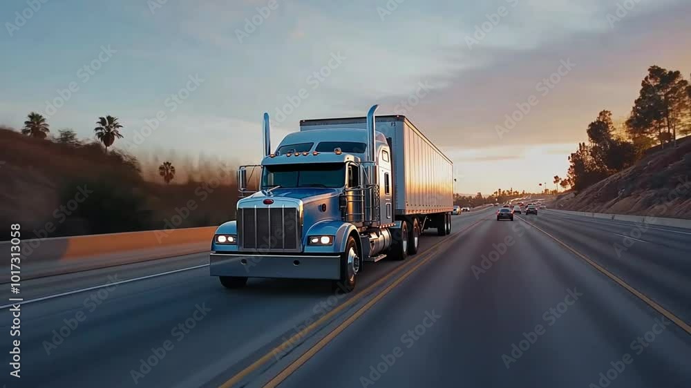 A large truck drives on a highway during sunset, showcasing transport and travel in a scenic landscape. A large truck drives on a highway during sunset, showcasing transport and travel in a scenic landscape.