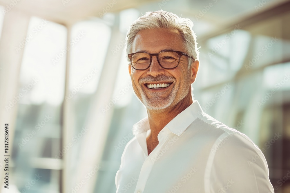 High-resolution brightly lit photorealistic candid photograph of a senior businessman smiling joyfully, styled like a high-end lifestyle magazine. The bright, cheerful feel reflects his happiness. High-resolution brightly lit photorealistic candid photograph of a senior businessman smiling joyfully, styled like a high-end lifestyle magazine. The bright, cheerful feel reflects his happiness.