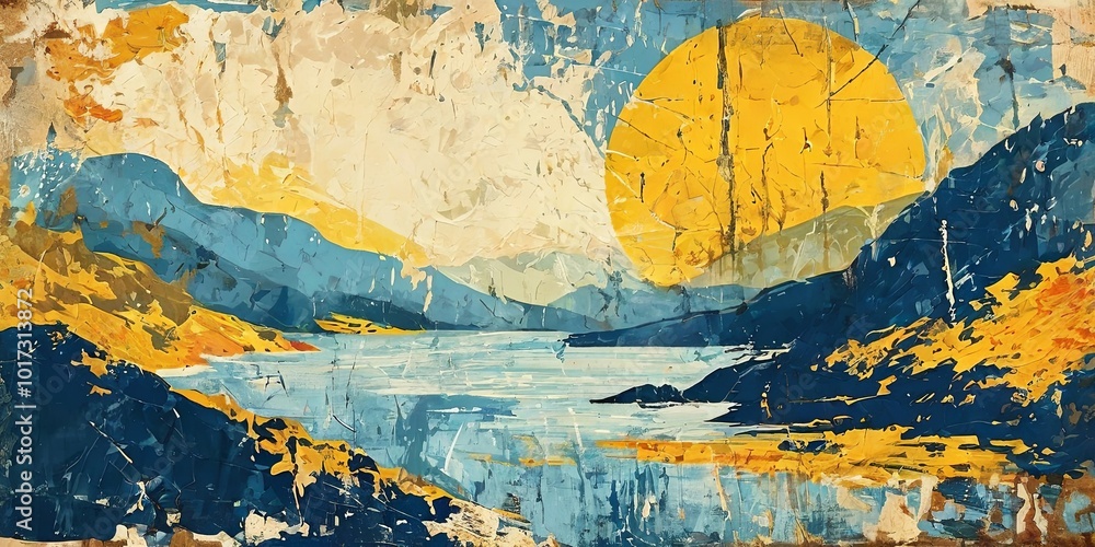 Fototapeta premium A painting of a mountain range with a large yellow sun in the sky