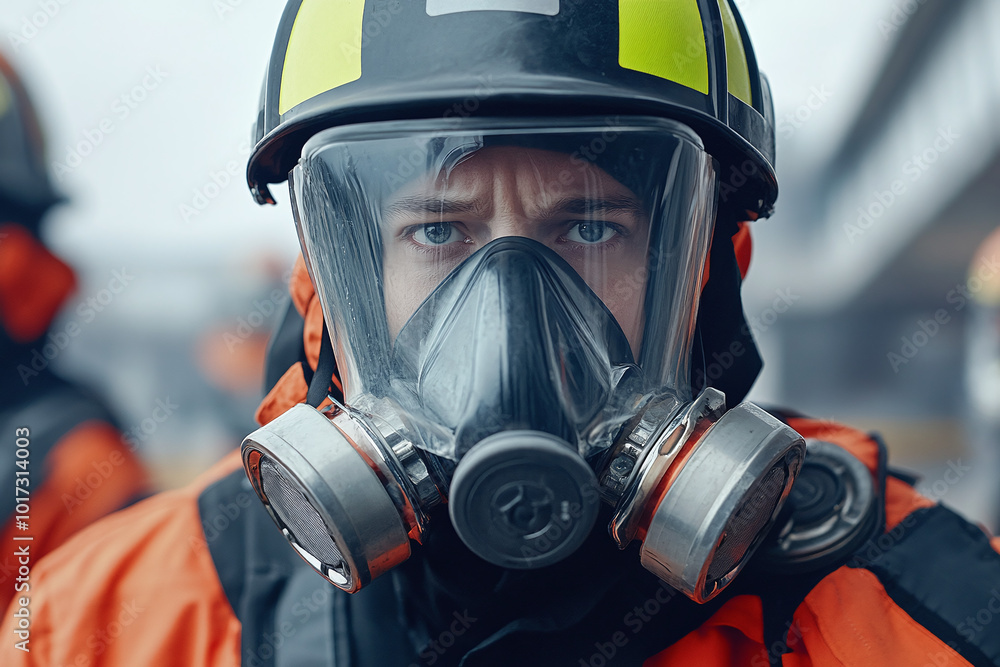 close-up of a determined firefighter in full protective gear, adjusting their breathing apparatus before entering a burning building close-up of a determined firefighter in full protective gear, adjusting their breathing apparatus before entering a burning building