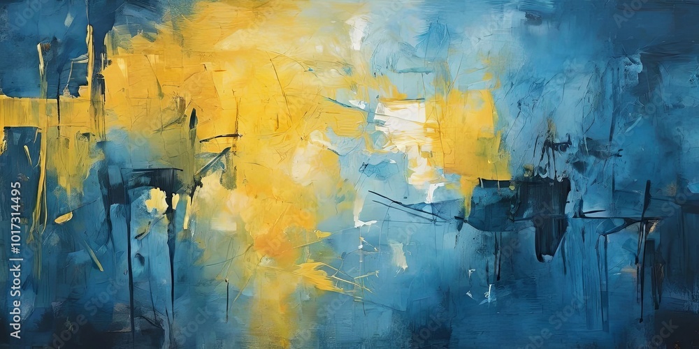 Fototapeta premium A painting of a blue sky with yellow streaks and splatters